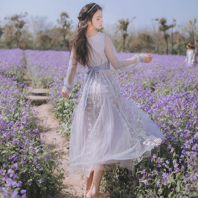 ワンピース ロングワンピース 春 ロング丈 パープル 紫 レース シースルー 長袖 透け感 ウエストマーク ハイウエスト バックリボン レトの通販はau Pay マーケット Dress Box