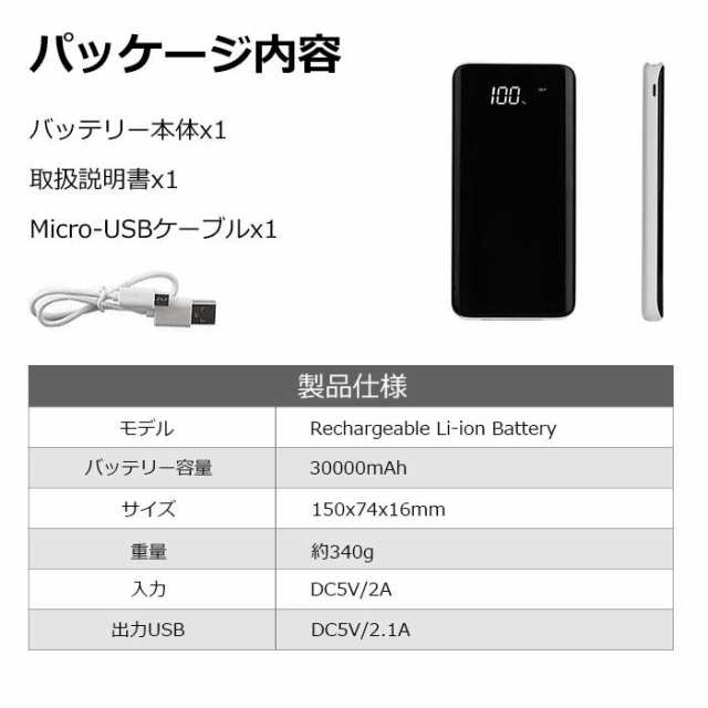 モバイルバッテリー 大容量 30000mAh iPhone充電器 iPad Android 各種対応 急速充電 スマホ充電器 携帯充電器  残量表示2台同時充電 PSE認の通販はau PAY マーケット - マイスター