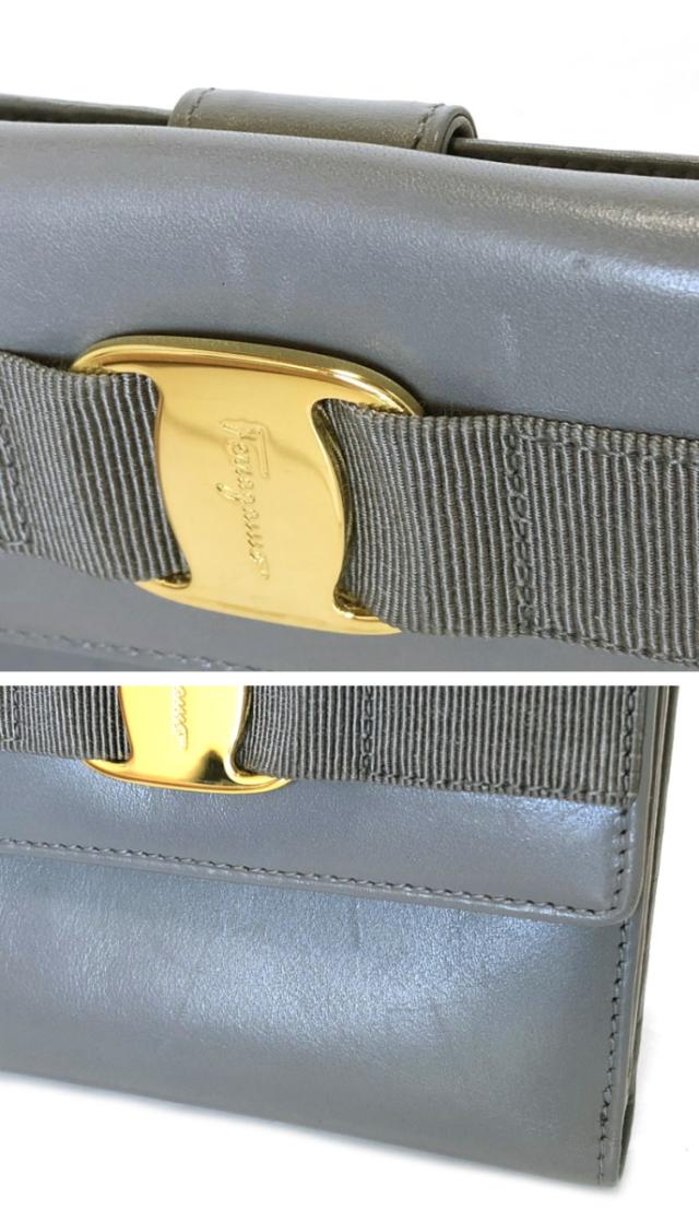 美品 フェラガモ 二つ折り 財布 ヴァラ リボン レザー レディース