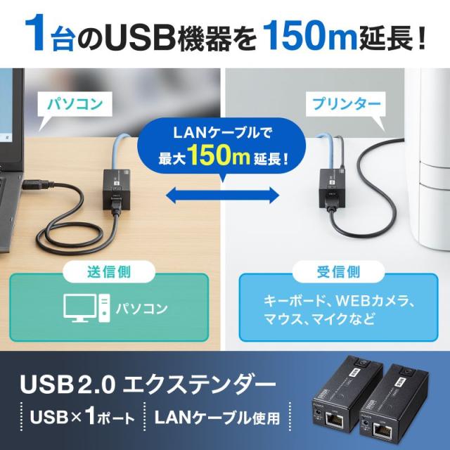 USB2.0 エクステンダー（150m延長、1ポート）サンワサプライ USB-EXSET5 LANケーブル1本でUSBを150m延長_1