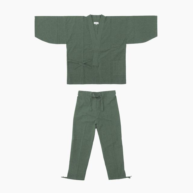 作務衣 久留米綿紬織 上下一組 （女性用） （グリーン） No.23