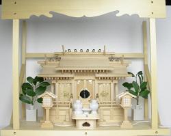 神棚 板葺三社宮 屋根違 中〈I-5〉+神具セット（ハーフ・小）+神棚板+雲板（大）のセット