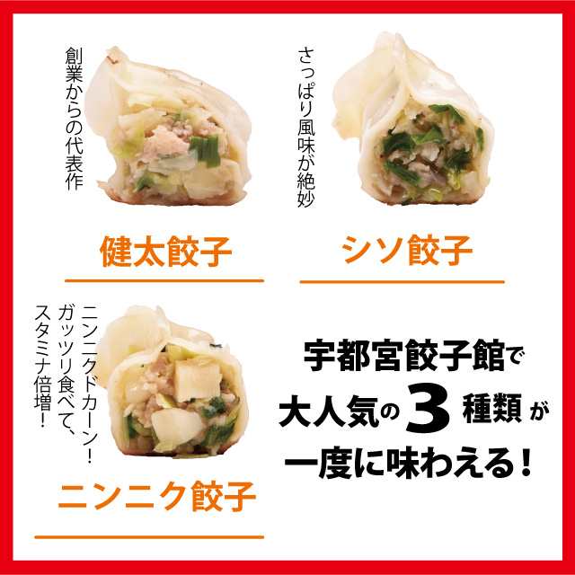 宇都宮餃子館　宇都宮餃子館／餃子フェス　健太・シソ・ニンニク・各餃子8個×2パック　計48個／餃子フェスの通販はau　PAY　マーケット　店で人気の3種セット　PAY　マーケット－通販サイト　送料無料】宇都宮餃子会正組合員　au