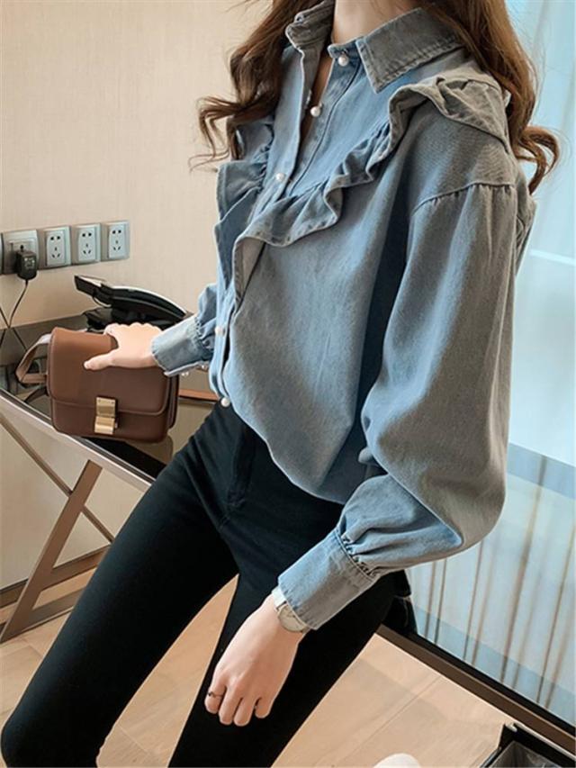 秋新作 シャツレディース デニム シャツ レディース シャツ ブラウス カットソー レディース 長袖 パフスリーブ 無地 フリル デニム S M の通販はau Pay マーケット Viento ヴィエント