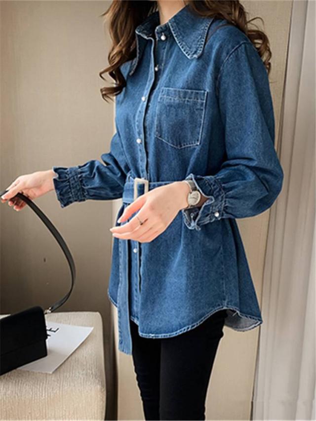 秋新作 シャツ レディース デニム シャツ レディース シャツ ロング丈 長袖 パフスリーブ ウエストベルト 無地 デニム S M L Xl カジュアの通販はau Pay マーケット Viento ヴィエント