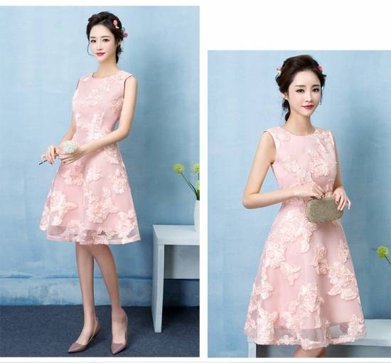 パーティードレス お呼ばれドレス イブニングドレス 結婚式 二次会 お呼ばれ 女子会 披露宴 同窓会 食事会 ゲスト ピンク 大きいサイズ ひざ丈 ノースリーブ 袖なし フレア Aライン ラウンドネック 刺繍 花刺繍 シースルー 透け感 20代 30代 フォーマル ガーリー 大人可愛い