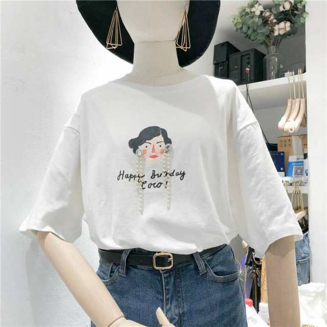 春 夏 半袖tシャツ ビジュー パール調 ビーズ プリント イラスト 顔 女性 白 ラウンドネック トップス カットソー ワンサイズ おしゃれ の通販はau Pay マーケット Me Too