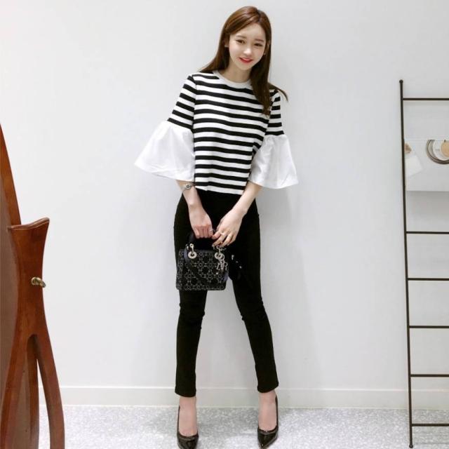 春 夏 おススメ！ ふんわり袖 異素材ミックス ニットTシャツ 3色 ボーダー ストライプ 七分袖 ベルスリーブ フェミニン エレガント おしゃれ トップス レディース トレンド カジュアル 普段着 デイリー 通学 通勤 デート ビジネス オフィス お出かけ ショッピング 女子会 春 夏 おススメ！ ふんわり袖 異素材ミックス ニットTシャツ 3色