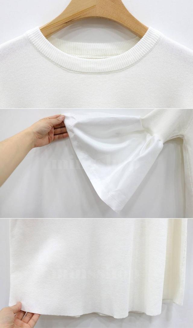 春 夏 おススメ！ ふんわり袖 異素材ミックス ニットTシャツ 3色