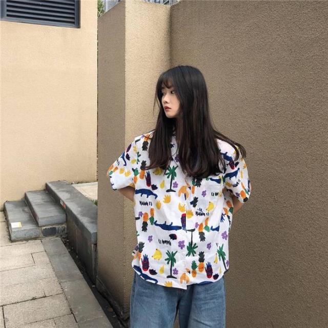 トロピカルプリント半袖シャツ フルーツ柄 開襟 ゆったり 夏 可愛い キュート 韓国ファッション おしゃれ レディース トレンド カジュアの通販はau Pay マーケット Me Too