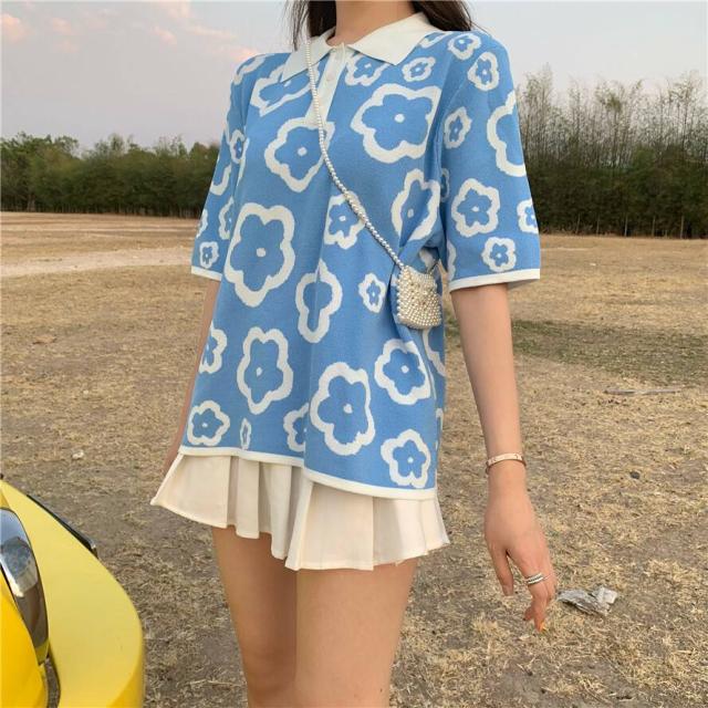 大きい花柄 かわいい ニットポロシャツ ゆったりサイズ バイカラー 半袖 五分丈 ガーリー プチプラ 春 夏 キュート 韓国ファッション おの通販はau Pay マーケット Me Too