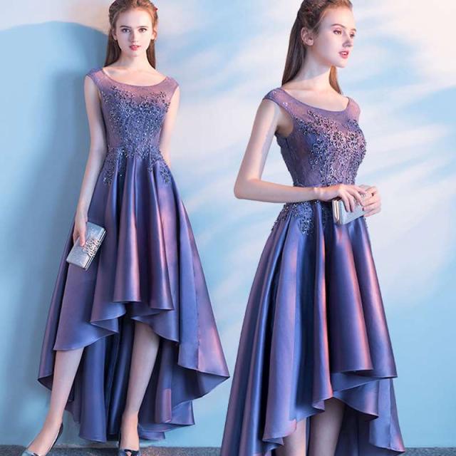 パーティードレス フィッシュテール アシンメトリー ラウンドネック Ｕネック ノースリーブ 刺繍 ビジュー Ａライン フレア 発表会 パープルドレス レディース 新作 韓国ファッション エレガント フェミニン お買い得 結婚式 二次会 お呼ばれ フォーマル 披露宴 演奏会