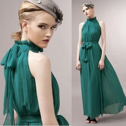 ロングドレス シフォン パーティードレス 5色 ハイネック フリル