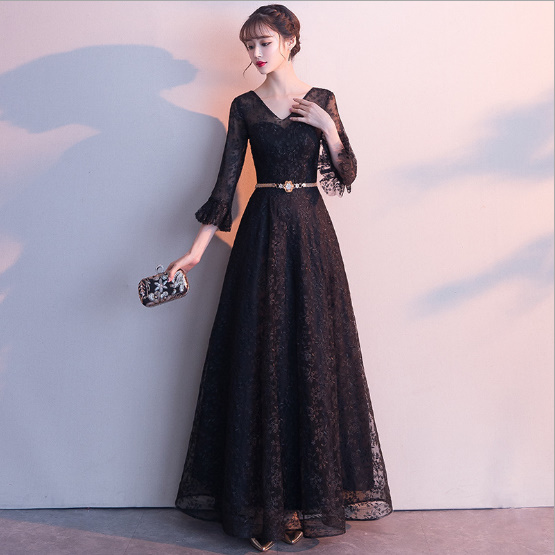 ロングドレス 黒 Vネック 総レース イブニングドレス 演奏会 袖あり