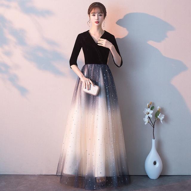 パーティードレス ロング イブニングドレス キラキラ ラメ グラデーション 結婚式 二次会 お呼ばれ 発表会 ワンピース 二次会 Aライン ウェディング Vネック 襟付き 七分袖 ミモレ丈 レディース 秋冬新作 異素材ミックス エレガント ゴージャス おしゃれ パーティードレス ロング イブニングドレス キラキラ ラメ