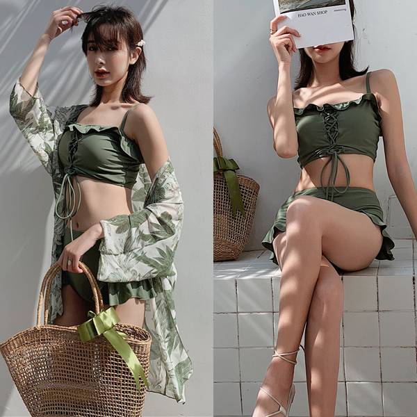 水着 体型カバー 大きいサイズ 3点セット ビスチェ ビキニ レディース 2019新作水着 40代 パッド付き フリル セクシー リボン 花柄 ボタニカル 無地 ママ 着痩せ くびれ 可愛い オシャレ 人気 大流行 ブラウスセット エレガント 海 プール 韓国 編みあげ 