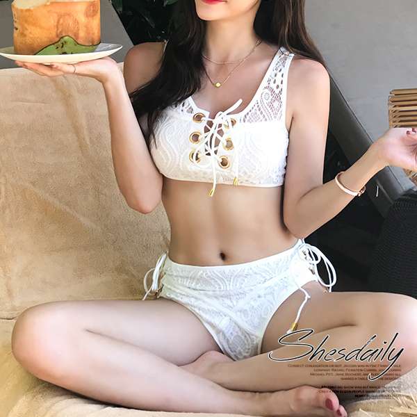 水着 ビキニ レディース 2019年新作 ビーチウェア 40代 30代 20代 レースアップ レース 刺繍 花柄 編上げ セットアップ 無地 リボン シンプル ハイウエスト セクシー 韓国 ママ オシャレ 海 プール マリンスポーツ リゾート ビーチ ホワイト