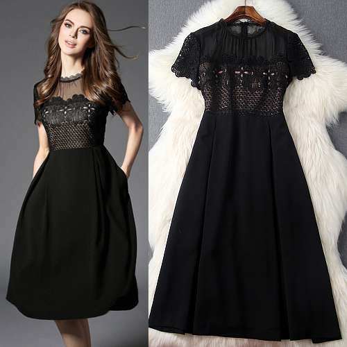 袖あり 黒 赤 パーティードレス ワンピース ワンピースドレス ドレスワンピお呼ばれドレス イブニングドレス 二次会 お呼ばれ デート 同窓会 卒業パーティー 食事会 ブラック バイカラー 大きいサイズ ひざ丈 半袖 Aライン フレア レース レース切り替え 透け感 シースルー