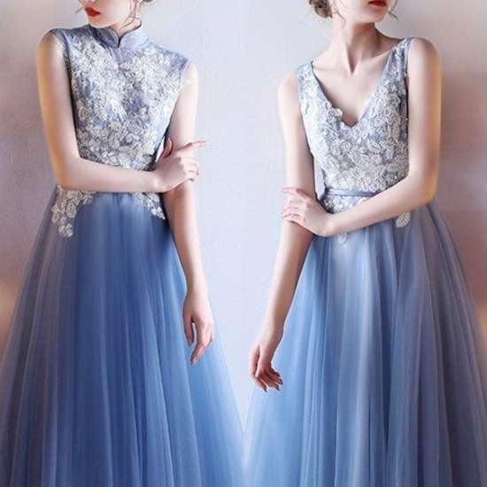 パーティードレス 春夏 結婚式 大きいサイズ 30代 ミモレ丈 ノースリーブ ハイネック レース 花柄 刺繍 Aライン シフォン ブルー