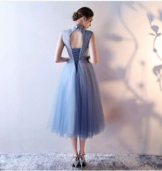 パーティードレス 春夏 結婚式 大きいサイズ 30代 ミモレ丈 ノースリーブ ハイネック レース 花柄 刺繍 Aライン シフォン ブルー パーティードレス 春夏 結婚式 大きいサイズ 30代 ミモレ丈