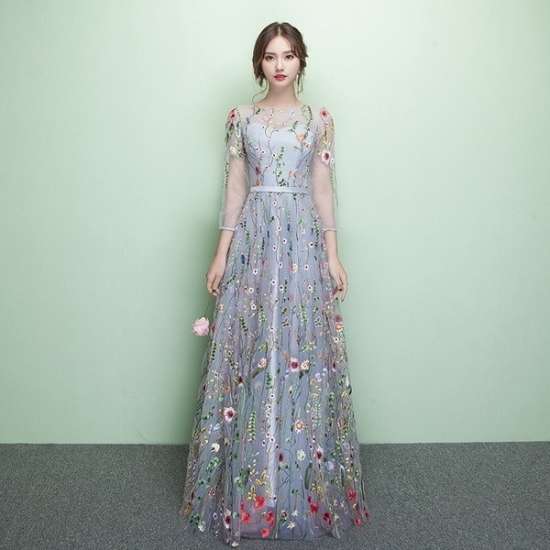 ロングドレス 袖あり パーティドレス 春夏 二次会 30代 マキシ丈 七分袖 袖あり ラウンドネック レース 花柄 刺繍 Aライン ロングドレス 袖あり パーティドレス 春夏 二次会 30代 マキシ丈 七分袖