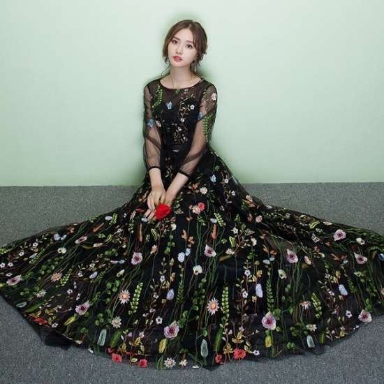 ロングドレス 袖あり パーティドレス 春夏 二次会 30代 マキシ丈 七分袖