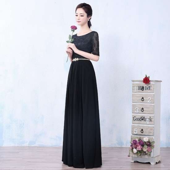 ロングドレス 黒 演奏会 パーティードレス お呼ばれドレス お呼ばれ 発表会 ピアノ コンサート ステージ衣装 食事会 音楽会 ゲスト ブラック 大きいサイズ マキシ丈 5分袖 Aライン レース レース切り替え シフォン 透け感 シースルー 20代 30代 40代 50代 エレガント 上品