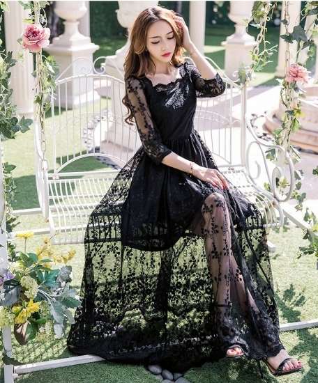 ロングドレス 袖あり 黒 パーティードレス お呼ばれドレス イブニングドレス 二次会 お呼ばれ 同窓会 食事会 ゲスト ブラック 白 大きいサイズ ロング丈 マキシ丈 七分袖 Aライン フレア レース 総レース シースルー 透け感 20代 30代 40代 大人可愛い フェミニン フォーマル