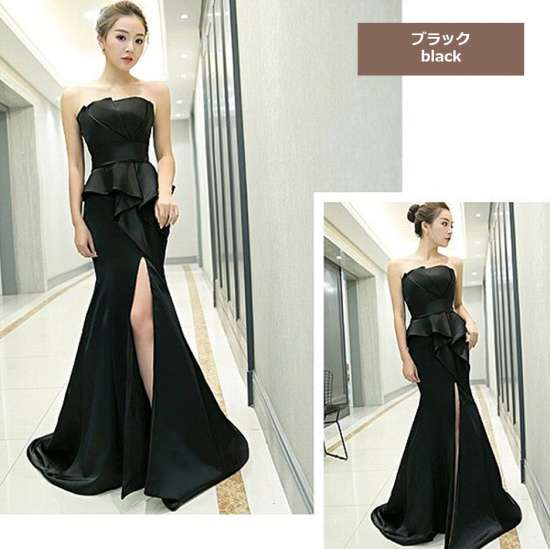 パーティードレス 春夏 結婚式 大きいサイズ 30代 マキシ丈 ベアトップ 無地 マーメイド スリット セクシー 光沢感 ペプラム リボン パーティードレス 春夏 結婚式 大きいサイズ 30代 マキシ丈 ベアトップ