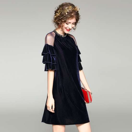 パーティードレス 二次会 お呼ばれ 謝恩会 半袖 袖あり Aライン 個性的 レース 20代 30代 春 夏 シンプル きれいめ エレガント 大人 ミニ丈 ワンピース ベルベット ベロア ビジュー シースルー 透け感 袖フリル デート 女子会 披露宴 ブルー 青