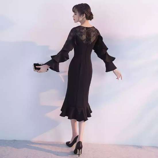 パーティドレス 春夏 二次会 大きいサイズ 30代 ひざ丈 長袖 袖あり ラウンドネック 無地 マーメイドライン 個性的 フリル 黒 パーティドレス 春夏 二次会 大きいサイズ 30代 ひざ丈 長袖 袖あり
