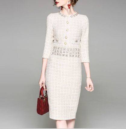 ワンピースドレス 春夏 お呼ばれ 大きいサイズ 30代 ひざ丈 七分袖 袖あり クルーネック タイト フォーマル スーツ