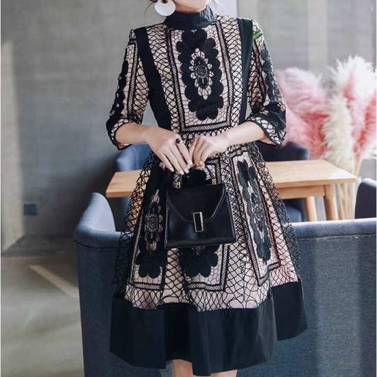 黒 袖あり パーティードレス ワンピースドレス ワンピース お呼ばれドレス イブニングドレス 二次会 お呼ばれ デート 同窓会 食事会 謝恩会 卒業パーティー ゲスト ブラック 大きいサイズ ひざ丈 Aライン 5分袖 透け感 シースルー 個性的 レース 総レース ハイネック 20代