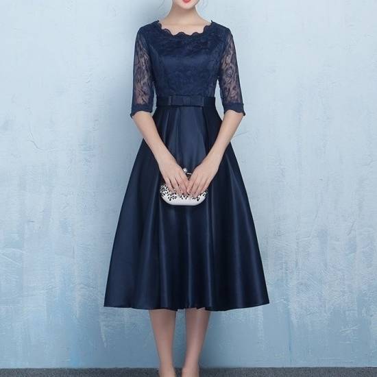 袖あり パーティードレス ワンピースドレス ワンピース ドレスワンピ お呼ばれドレス イブニングドレス 結婚式 二次会 披露宴 お呼ばれ 同窓会 謝恩会 食事会 ネイビー 大きいサイズ ミモレ丈 5分袖 Aライン フレア レース シースルー 透け感 ラウンドネック 20代 30代