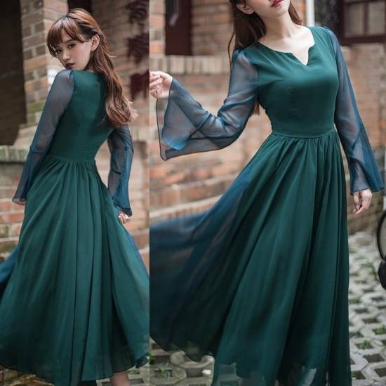 ロングドレス 袖あり パーティードレス 春夏 結婚式 30代 マキシ丈 長袖 Vネック 無地 Aライン 透け感 シンプル フェミニン