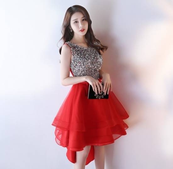 パーティードレス 春夏 結婚式 大きいサイズ 20代 ミニ丈 ノースリーブ ラウンドネック 無地 スパンコール Xライン ガーリー