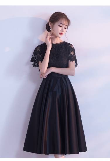 ワンピース ミモレ丈 レディース ドレス ブラック 花柄レース リボンベルト 半袖 フレア 可愛い お呼ばれ パーティー 上品 結婚式二次会