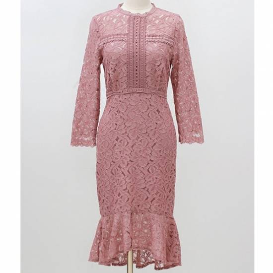 ワンピース ひざ丈 ミモレ丈 レディース フェミニン 袖フリル レース