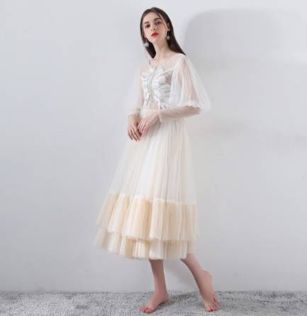 パーティードレス 春夏 結婚式 20代 ミモレ丈 長袖 袖あり Vネック レース Xライン 透け感 フリル ガーリー パール ビジュー パーティードレス 春夏 結婚式 20代 ミモレ丈 長袖 袖あり Vネック