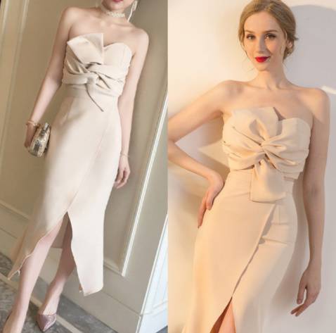 パーティードレス 春夏 結婚式 30代 ロング丈 ベアトップ 無地 リボン タイト Iライン スリット フェミニン セパレート ベージュ