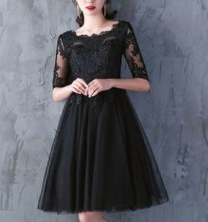黒 袖あり パーティードレス ワンピースドレス ワンピース ドレスワンピ お呼ばれドレス 二次会 お呼ばれ 謝恩会 デート 女子会 同窓会 卒業パーティー ゲスト ブラック 大きいサイズ ひざ丈 5分袖 Aライン フレア 編み上げ 刺繍 花刺繍 レース 透け感 シースルー チュール