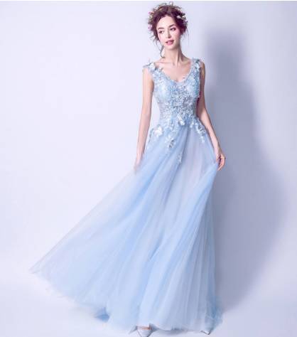 ロングドレス Aライン 花柄 刺繍 レース バタフライモチーフ ライトブルー チュール フラワーフェミニン 結婚式二次会 お呼ばれ ロングドレス Aライン 花柄 刺繍 レース バタフライモチーフ ライト