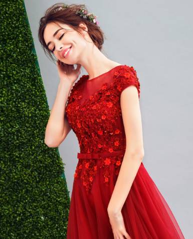 ロングドレス 赤 Aライン 刺繍 バッククロス オーガンジー チュール