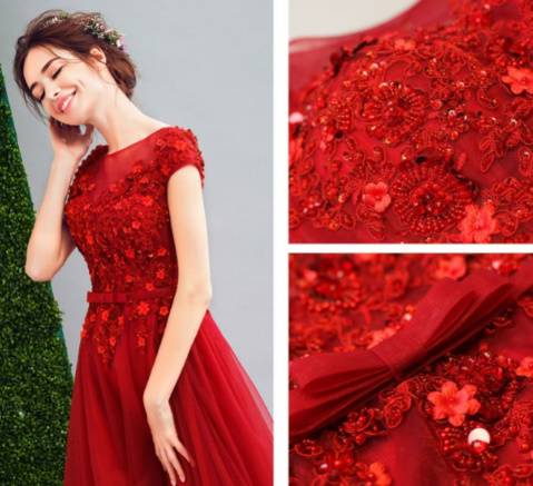 ロングドレス 赤 Aライン 刺繍 バッククロス オーガンジー チュール