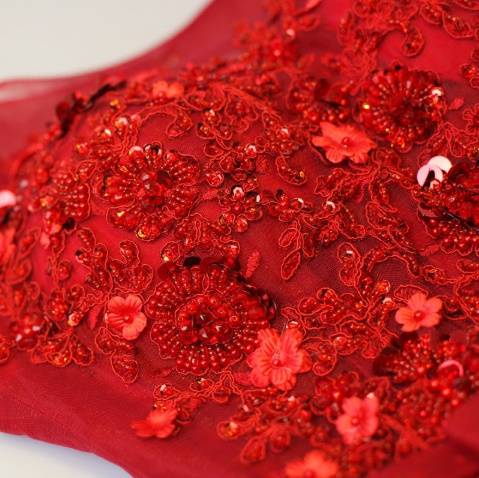 ロングドレス 赤 Aライン 刺繍 バッククロス オーガンジー チュール