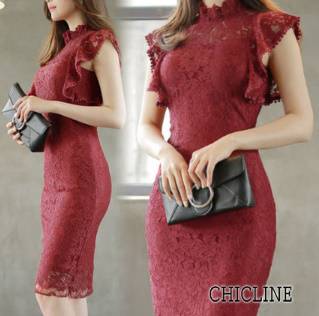 ハイネックワンピース パーティワンピース 総レース 袖フリル フェミニン エレガント タイト ひざ丈 結婚式二次会 お呼ばれ 2018年新作