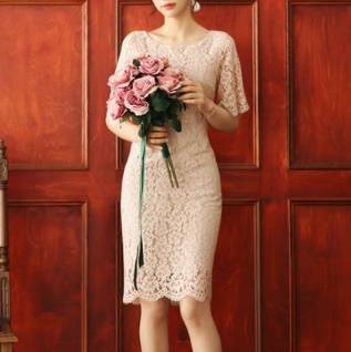 ワンピース フレア袖 総レース 半袖タイト 花柄レース トレンド フェミニン 透け感 エレガント 結婚式二次会 お呼ばれ 2018年新作 ワンピース フレア袖 総レース 半袖タイト 花柄レース トレンド