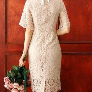 ワンピース フレア袖 総レース 半袖タイト 花柄レース トレンド