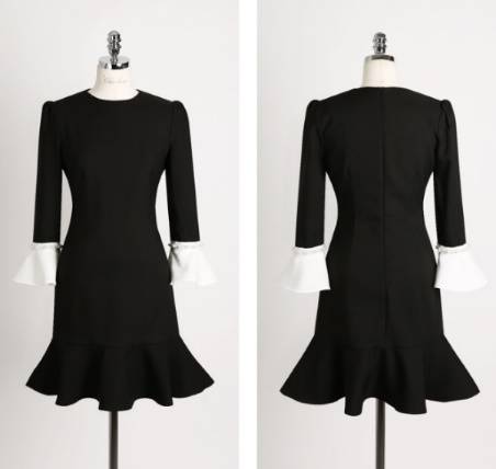 クラシカルワンピース パーティー パール付き フレア袖 モノトーン 切り替え フェミニン マーメイド フリル  キュート 大人可愛い クラシカルワンピース パーティー パール付き フレア袖 モノトーン