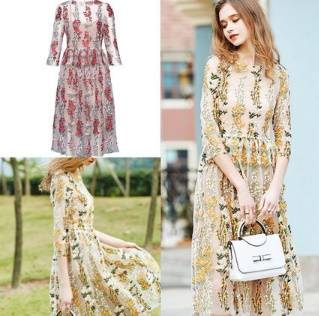 ロングドレス 袖あり パーティードレス ワンピースドレス 春夏 デート 記念日 女子会 ピンク イエロー 大きいサイズ ロング丈 ミモレ丈 五分袖 半袖 Aライン フレア 刺繍 レース 花柄 透け感 シースルー ラウンドネック 20代 30代 大人かわいい フェミニン ガーリー